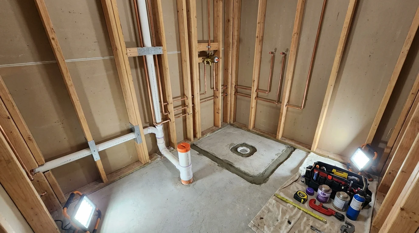 Bathroom rough-in plumbing during remodel by Johns Plumbing LLC in Monmouth Junction