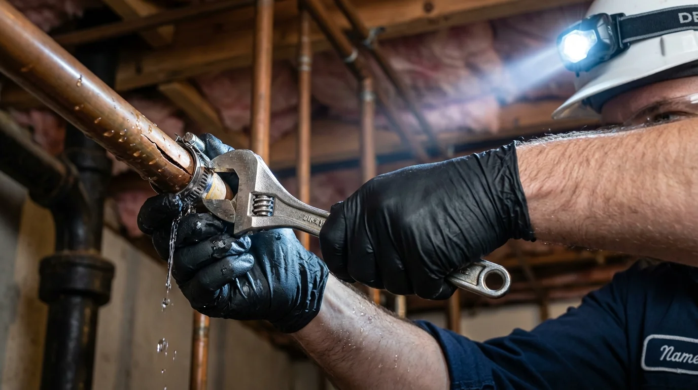 Emergency pipe clamp repair being performed by a Johns Plumbing LLC plumber in Monmouth Junction