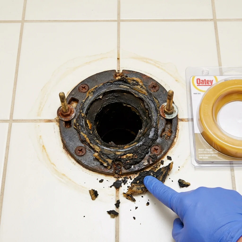 Failed wax ring showing water seepage at the base of a toilet in a Monmouth Junction, NJ home