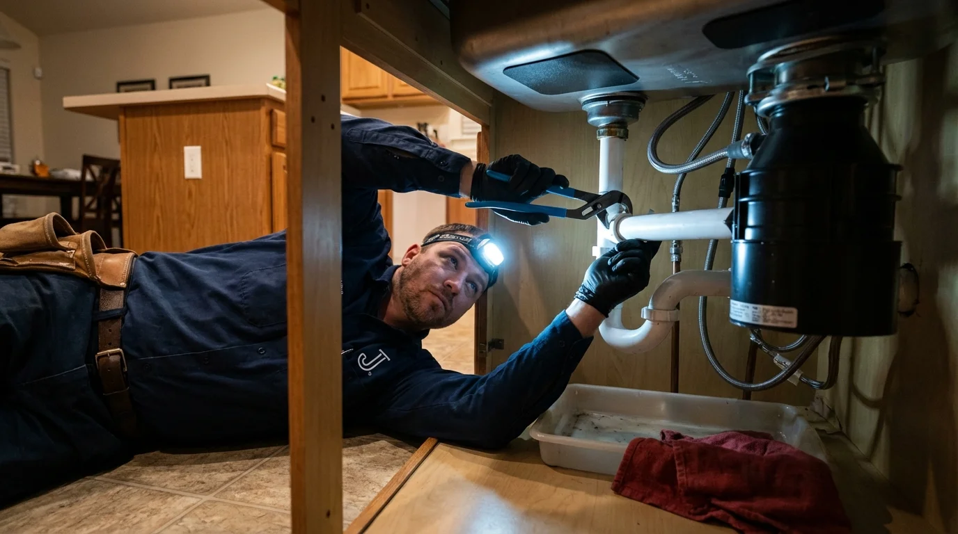 P-trap and supply line connections under a kitchen sink showing a common leak point in Monmouth Junction, NJ